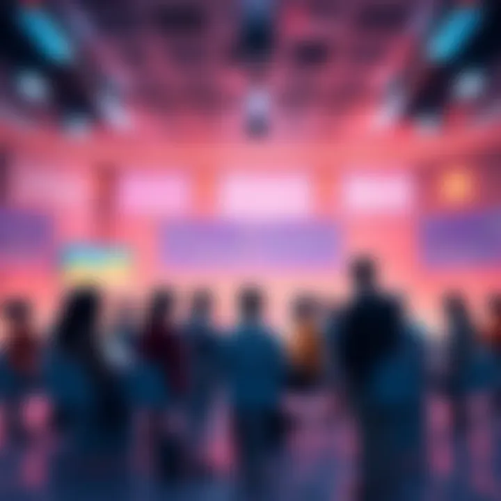 A group of people exchanging ideas about cryptocurrency trading in a digital forum setting, with screens showcasing charts and market trends.