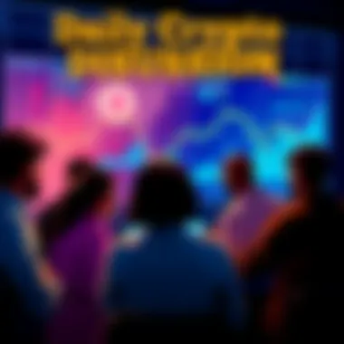 Crypto Discussion Theme A group of people discussing crypto trends with charts and graphs in the background.