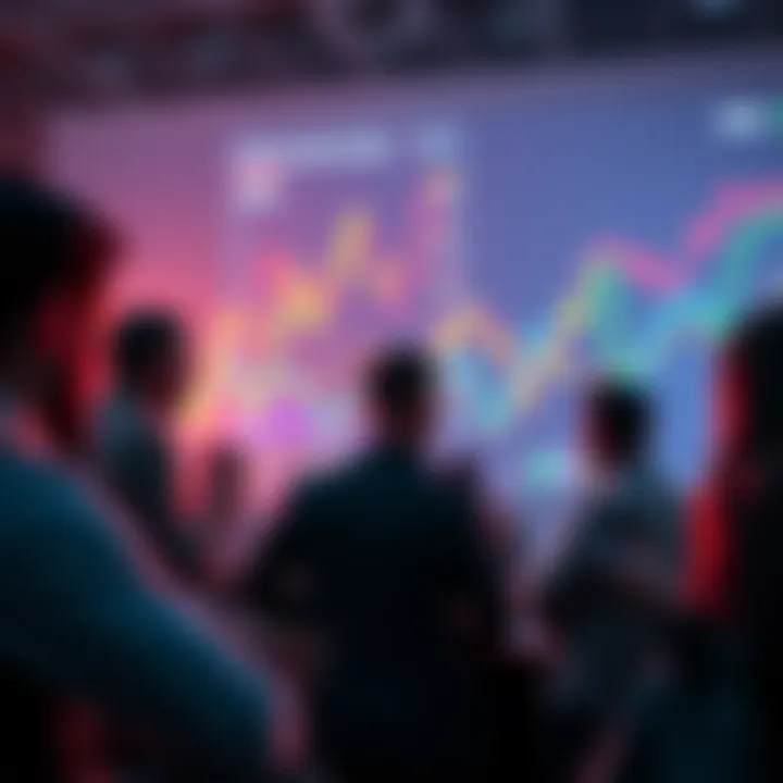 People engaged in a cryptocurrency discussion with charts and graphs in the background