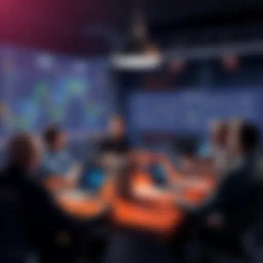 A group of people discussing cryptocurrency strategies at a table, with laptops and charts in front of them