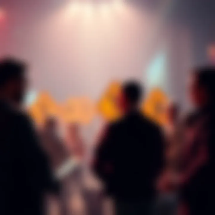 A group of people discussing cryptocurrency tips with caution signs in the background