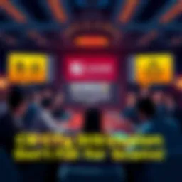 A group of people discussing cryptocurrency on a forum, with caution signs and warning symbols about scams in the background.