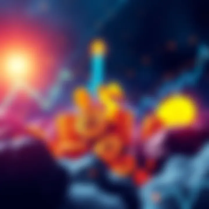 A vibrant graphic illustrating skyrocketing returns on cryptocurrency investments, featuring symbols of $CRO and $LION amidst a backdrop of soaring charts and digital coins.