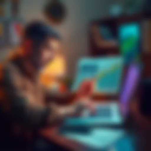 A person looking worried while checking cryptocurrency gains on a laptop, with IRS tax forms on the desk.