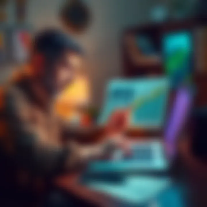 A person looking worried while checking cryptocurrency gains on a laptop, with IRS tax forms on the desk.