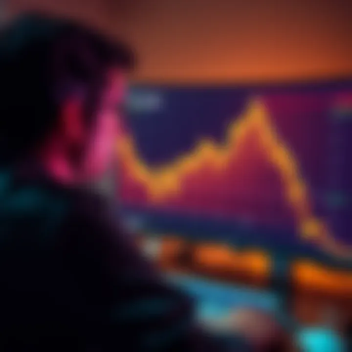 A person disappointedly watching a graph showing a steep decline in cryptocurrency values on a computer screen.