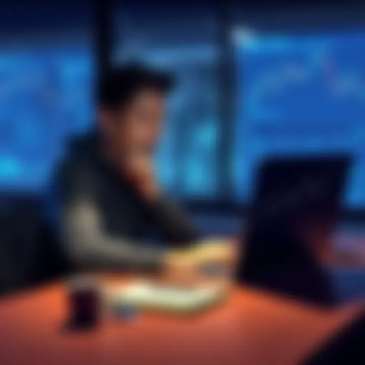 A person sitting at a desk, looking at charts on a laptop with a thoughtful expression, representing a crypto enthusiast reflecting on their experience with Ethereum.