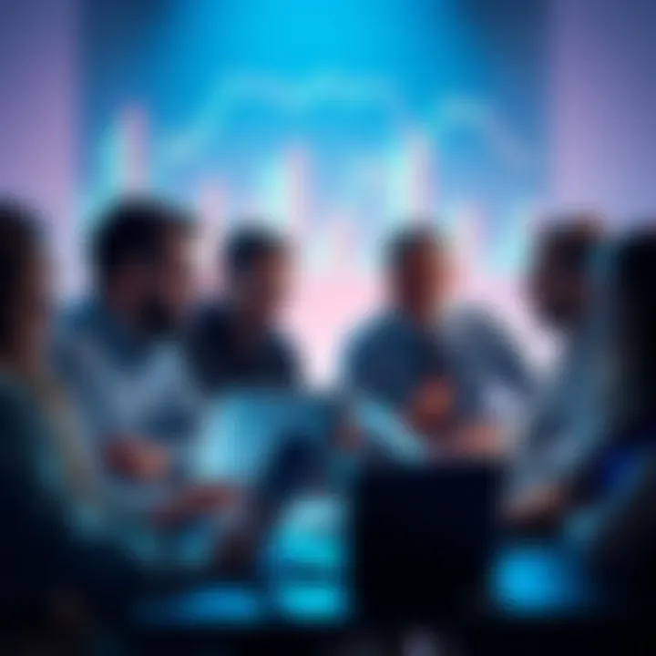 A group of people engaged in a lively discussion about digital currencies, with laptops and charts in front of them.