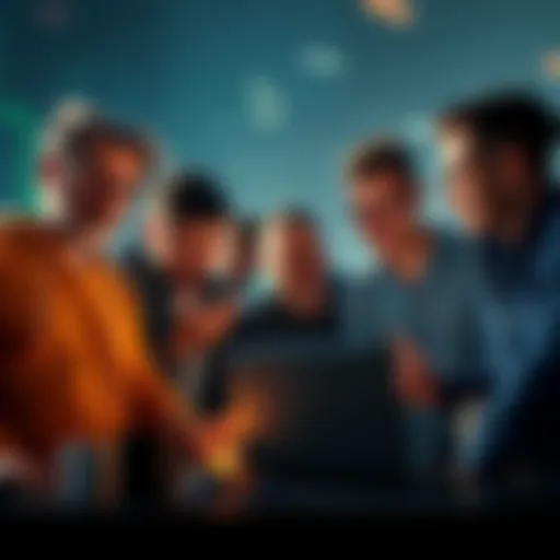 A group of crypto enthusiasts discussing power supply concerns related to cryptocurrencies in front of a laptop.