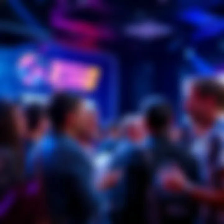 Crypto Enthusiasts Gathering A group of people discussing cryptocurrency at a community event, showing excitement and engagement.