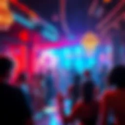 Crypto Event Controversy A scene from a Miami crypto event with a strip club party atmosphere, featuring colorful lights and lively performers, highlighting the controversy surrounding sponsors.