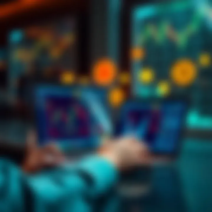Crypto Exchange for Beginners A person using a laptop to compare different cryptocurrency exchanges with charts and symbols around them.