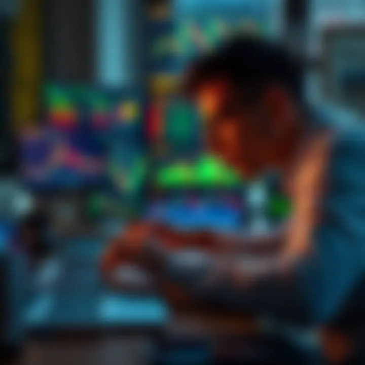 Person analyzing cryptocurrency prices on a laptop with charts and graphs, planning exit strategy for investments