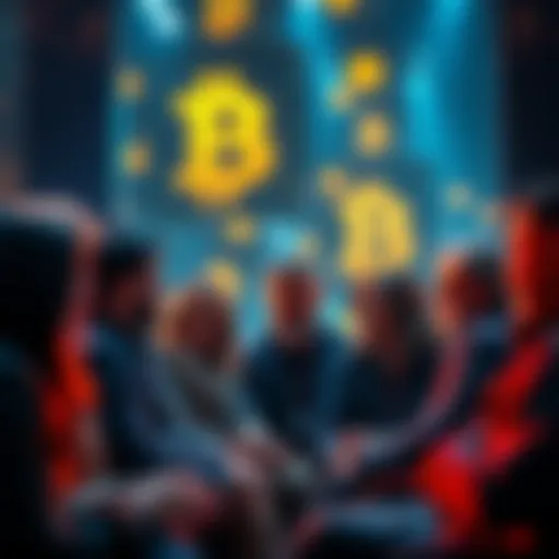A group of people sharing their stories about five years in cryptocurrency, reflecting on their successes and challenges, with digital currency symbols in the background.