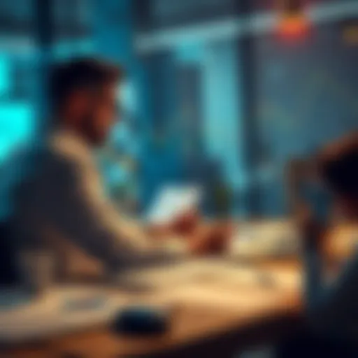 A professional advisor discussing cryptocurrency strategies with a client at a desk with charts and graphs