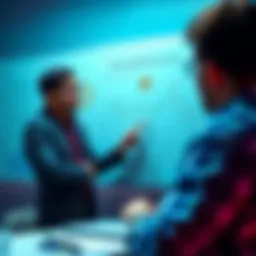 Person explaining cryptocurrency A person showing charts of Bitcoin and blockchain technology on a whiteboard while talking to a beginner