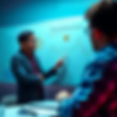 Person explaining cryptocurrency A person showing charts of Bitcoin and blockchain technology on a whiteboard while talking to a beginner