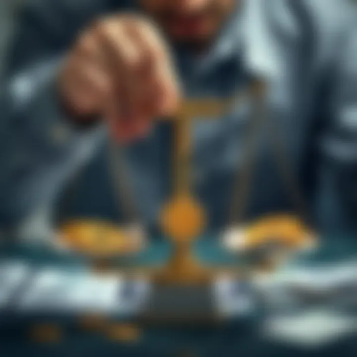 Crypto Finance Balance A person weighing cryptocurrency coins and paper money on a scale, pondering financial decisions.