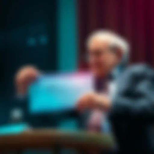 A crypto coin founder handing a large check to Warren Buffet for investment advice.