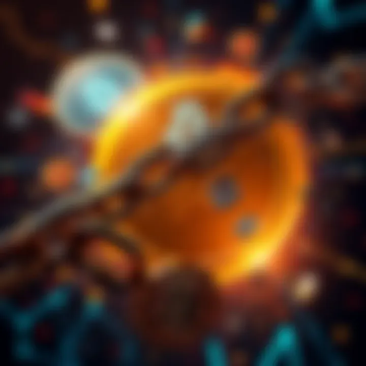 An abstract representation of cryptocurrency symbols intertwined with chains breaking, symbolizing freedom from traditional banking