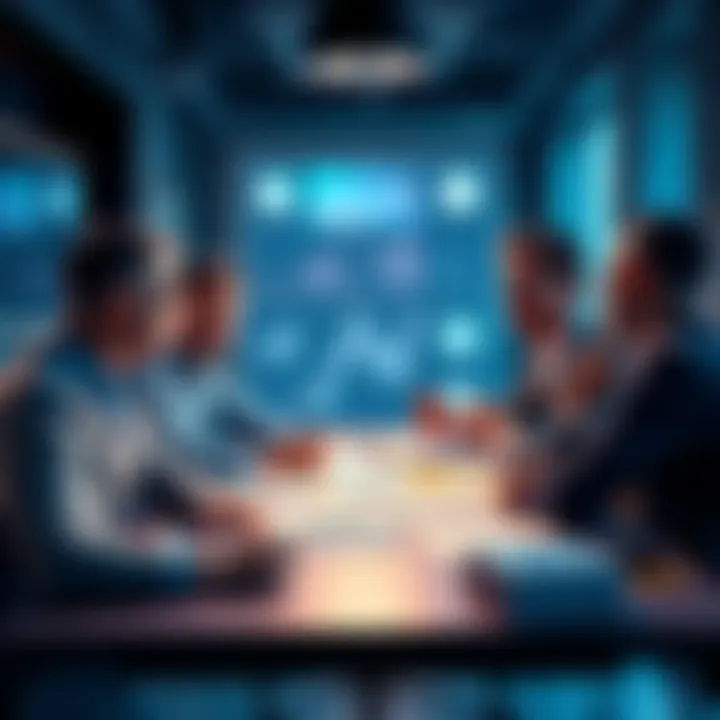 A group of people engaged in a discussion about crypto funds, with charts and documents on a table.