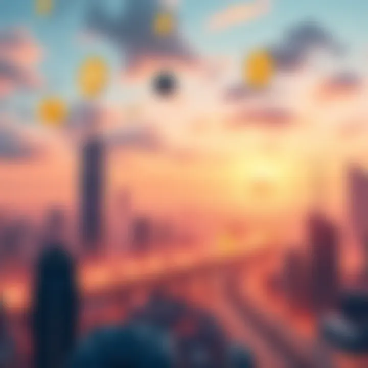 A futuristic city with digital currency symbols in the sky, showing potential changes in the cryptocurrency market.