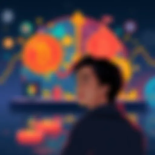 Illustration showing contrasting symbols of cryptocurrency and traditional finance, with a person looking contemplative in the foreground.