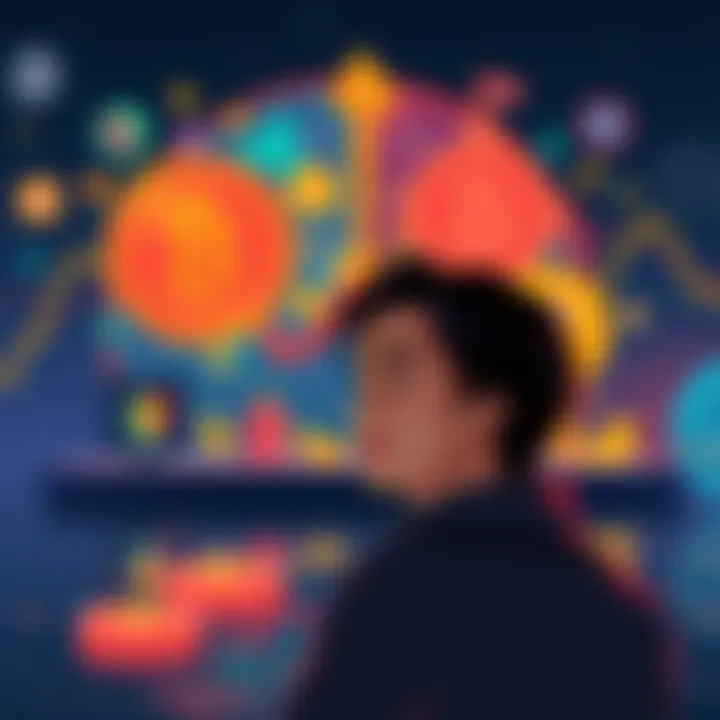 Crypto Future Concept Illustration showing contrasting symbols of cryptocurrency and traditional finance, with a person looking contemplative in the foreground.