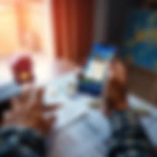 A person holding a smartphone displaying a cryptocurrency wallet while sitting at a table with home construction plans and cash on it.