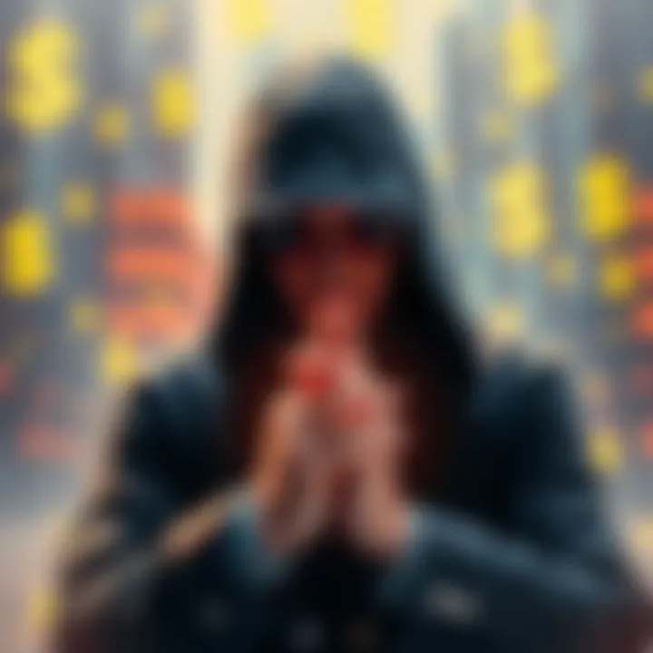 A figure symbolizing a grifter in the crypto space, with dollar signs and blockchain graphics in the background, highlighting industry integrity issues.