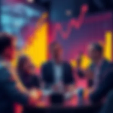 Crypto Growth Surge A group of industry leaders discussing cryptocurrency trends and future growth, with graphs showing rising prices in the background.