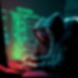 A digital representation of a crypto heist showing thieves in hoodies and a computer screen displaying code with dollar signs, depicting the theft of funds from a network.