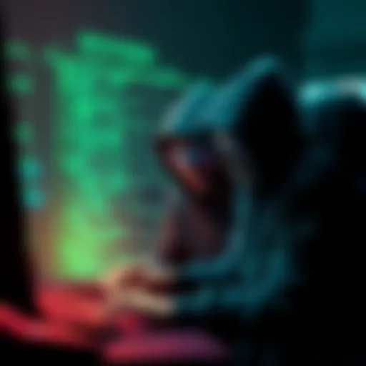 A digital representation of a crypto heist showing thieves in hoodies and a computer screen displaying code with dollar signs, depicting the theft of funds from a network.
