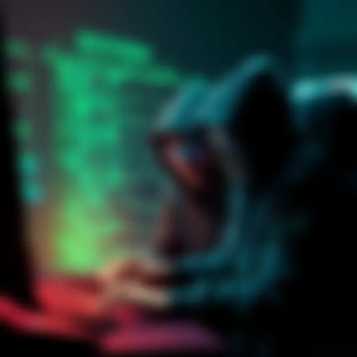 A digital representation of a crypto heist showing thieves in hoodies and a computer screen displaying code with dollar signs, depicting the theft of funds from a network.