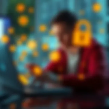 Person looking worried while checking crypto wallet on a laptop, surrounded by digital currency icons and a lock symbol, symbolizing hacking fears