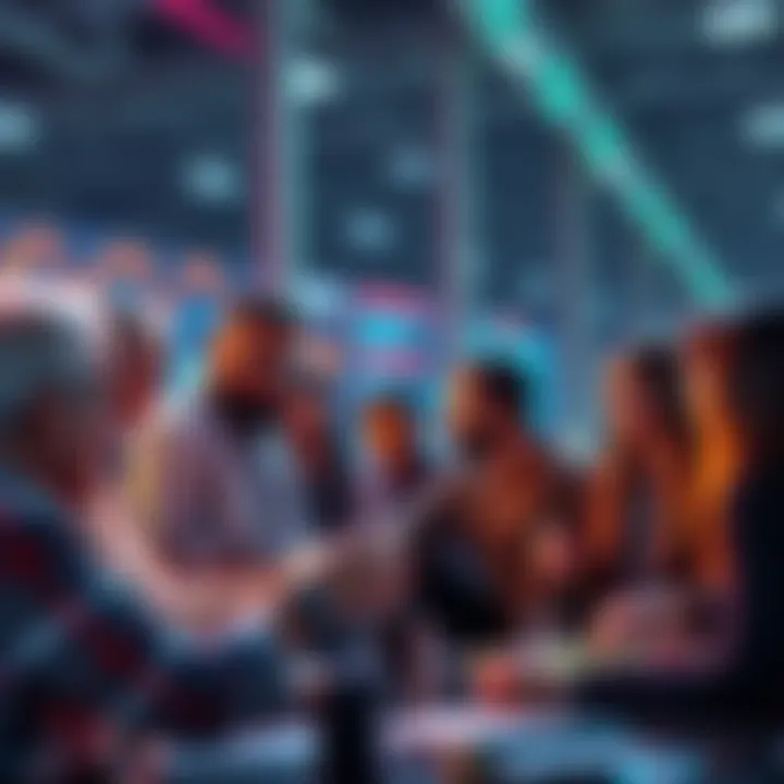 Crypto Industry Resilience A group of diverse people discussing and collaborating on crypto projects, showcasing innovation and teamwork, despite regulatory challenges.