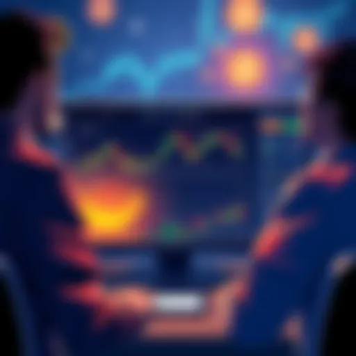 An illustration of people analyzing cryptocurrency charts and paid signals on a computer screen, questioning the value of these tools.