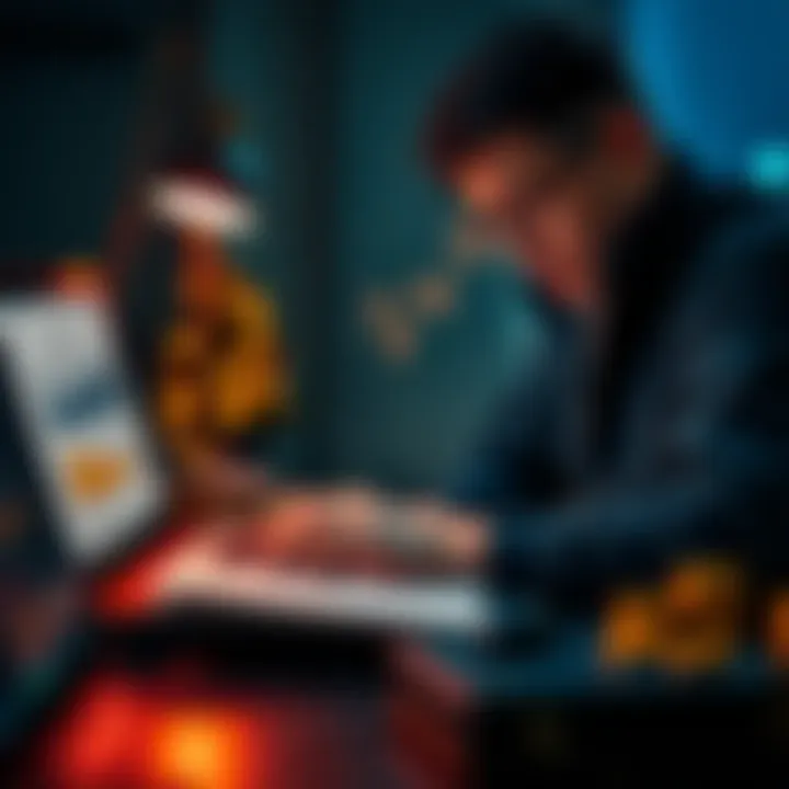 Individual organizing cryptocurrency inheritance paperwork with digital assets on a laptop