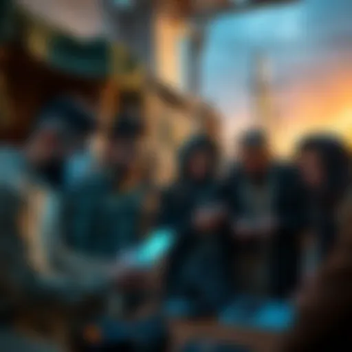 A group of Afghan people engaged in discussion about cryptocurrency with laptops and mobile devices in a local setting.