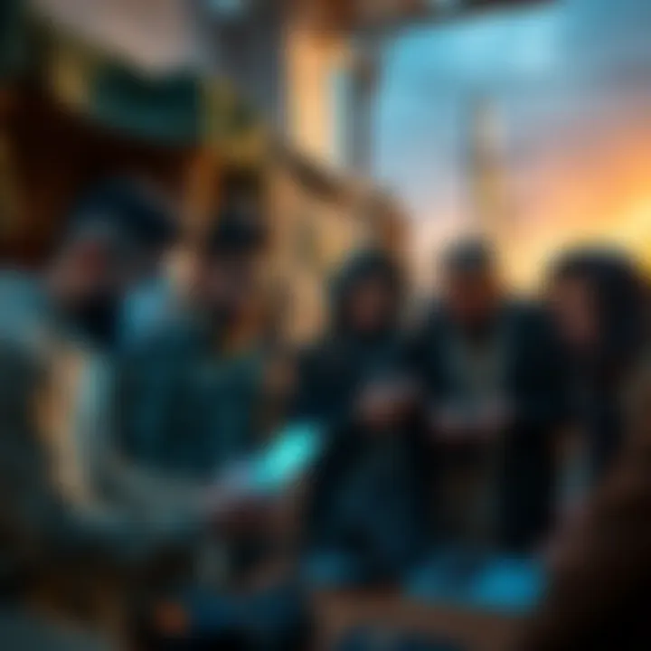 Crypto Innovation in Afghanistan A group of Afghan people engaged in discussion about cryptocurrency with laptops and mobile devices in a local setting.