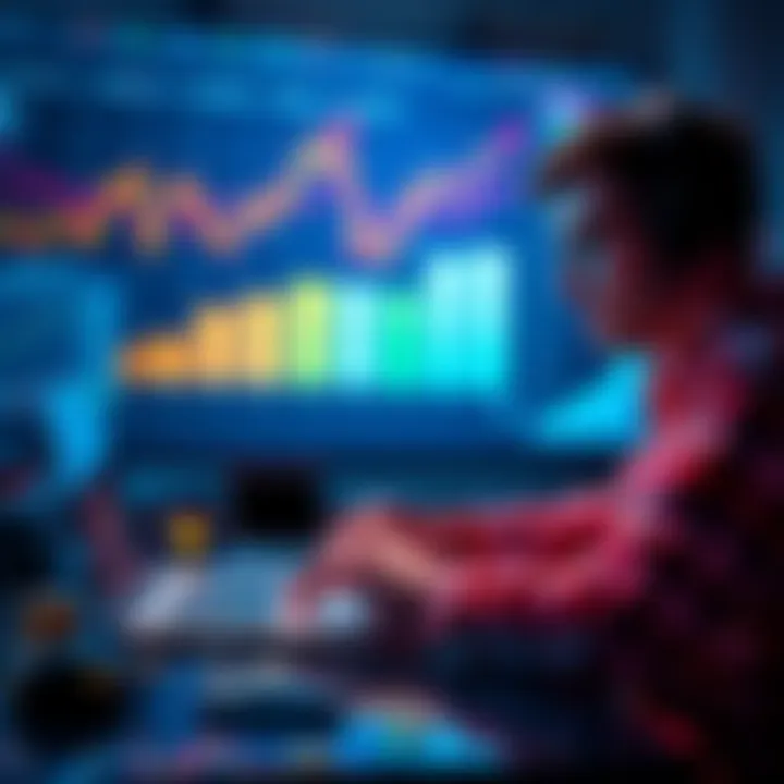 A person reviewing cryptocurrency investments and interest options on a laptop, with charts and graphs in the background illustrating asset growth.