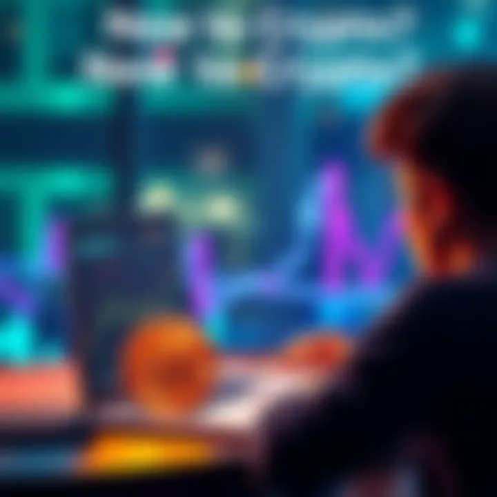 A person considering buying Bitcoin and Ethereum with a laptop and digital coins in view