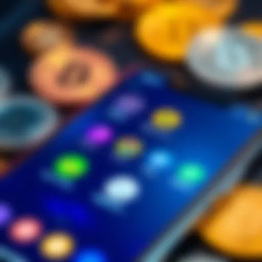 A close-up of a smartphone displaying various cryptocurrency investing apps with digital coins in the background