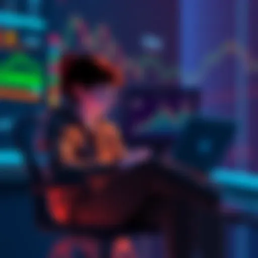 A person sitting with a laptop showing declining cryptocurrency graphs, looking concerned about their investments in ADA and DOGE