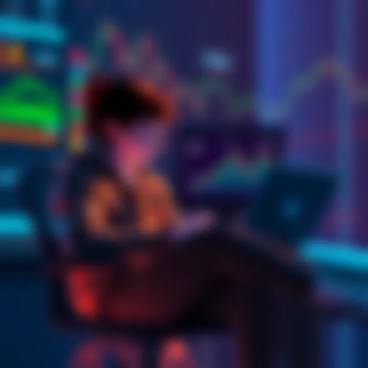 Crypto Investing Dilemma A person sitting with a laptop showing declining cryptocurrency graphs, looking concerned about their investments in ADA and DOGE
