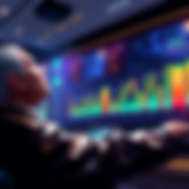 Veteran investors discussing cryptocurrency trends with charts showing Bitcoin's rise and altcoin struggles.
