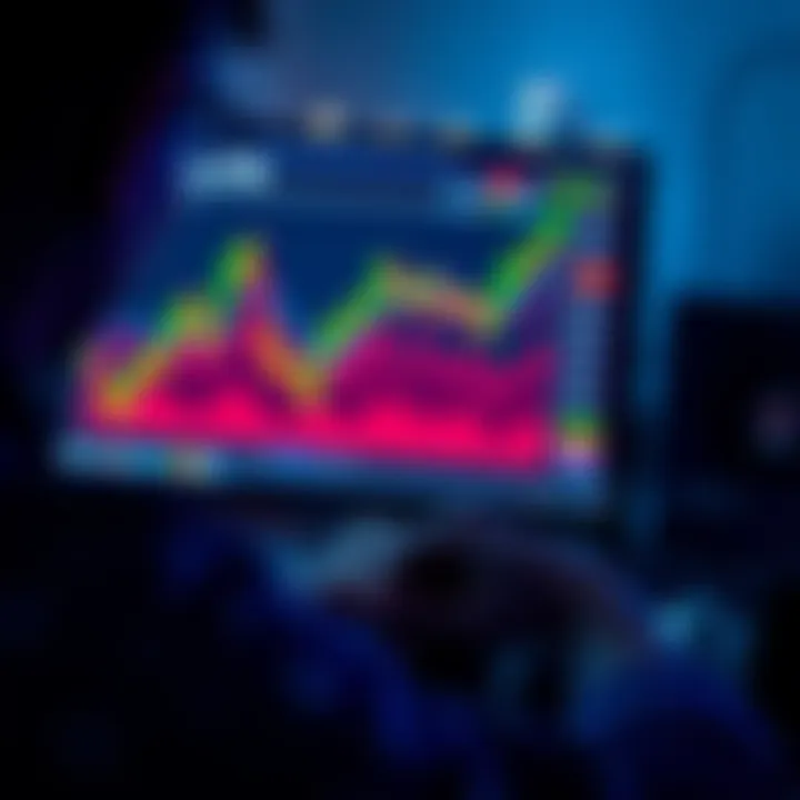 A person analyzing cryptocurrency charts on a computer with coins in the foreground.