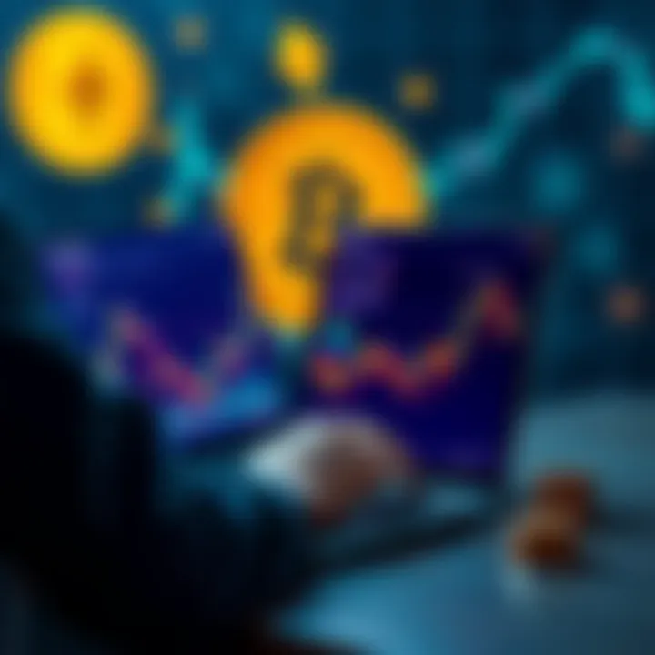 A person analyzing cryptocurrency charts on a laptop with Bitcoin and Ethereum symbols in the background