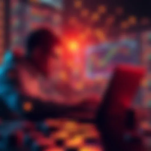 A person analyzing cryptocurrency charts on a laptop, surrounded by digital coins, symbolizing financial independence through crypto investment.