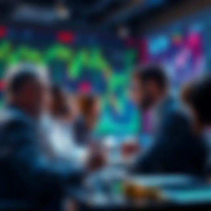 People discussing cryptocurrency investments with charts and graphs in the background